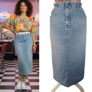 VTG 80s Lee Distressed High Rise Midi Pencil Jean Skirt Size 12 *Fits like Small